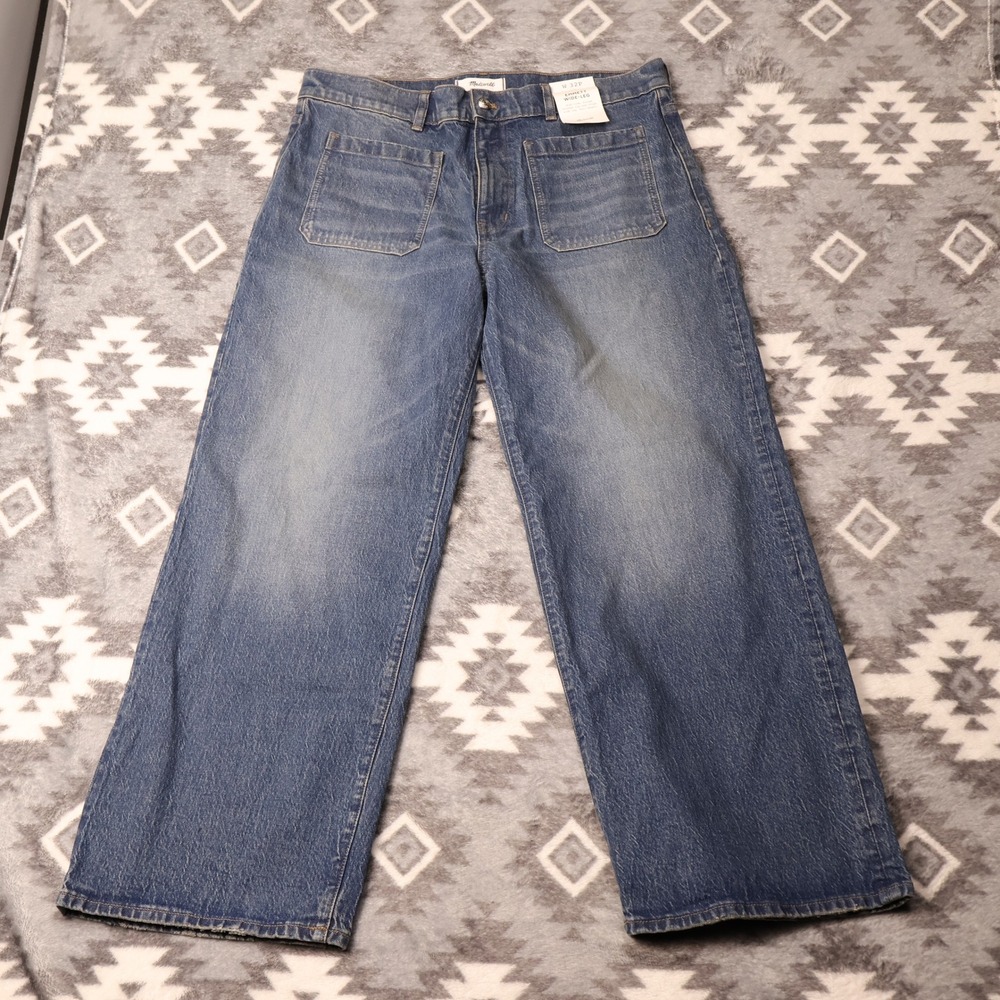 Madewell Emmett Wide-Leg Jeans 32P Medium Wash High Rise Patch Pocket Denim